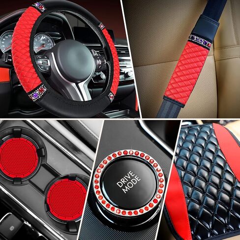 Bling Car Accessories Set Leather Diamond Steering Wheel Cover Bling Seat Belt Shoulder Pad Armrest Pad Crystal Car Decor Bling Car Cup Holders Travel Auto Cup Holder for Car Interior (Black, Red) in Saudi Arabia