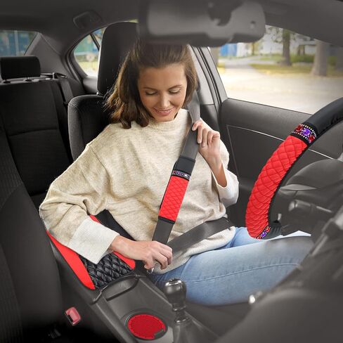 Bling Car Accessories Set Leather Diamond Steering Wheel Cover Bling Seat Belt Shoulder Pad Armrest Pad Crystal Car Decor Bling Car Cup Holders Travel Auto Cup Holder for Car Interior (Black, Red) in Saudi Arabia