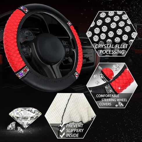 Bling Car Accessories Set Leather Diamond Steering Wheel Cover Bling Seat Belt Shoulder Pad Armrest Pad Crystal Car Decor Bling Car Cup Holders Travel Auto Cup Holder for Car Interior (Black, Red) in Saudi Arabia