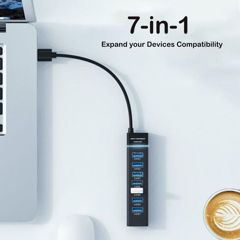 SplendoRoute USB 3.0 Hub، 7 Prots USB Splitter Multiport محول 7 في 1 USB موسع للكمبيوتر الشخصي والكمبيوتر المحمول ومحرك الأقراص المحمول والأقراص الصلبة المحمولة in Kuwait