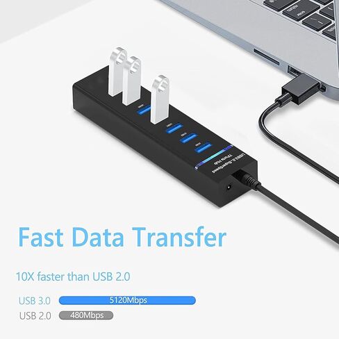 SplendoRoute USB 3.0 Hub، 7 Prots USB Splitter Multiport محول 7 في 1 USB موسع للكمبيوتر الشخصي والكمبيوتر المحمول ومحرك الأقراص المحمول والأقراص الصلبة المحمولة in Kuwait