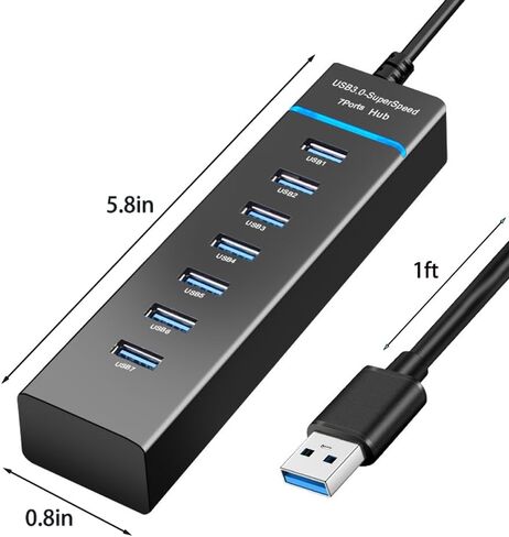 SplendoRoute USB 3.0 Hub، 7 Prots USB Splitter Multiport محول 7 في 1 USB موسع للكمبيوتر الشخصي والكمبيوتر المحمول ومحرك الأقراص المحمول والأقراص الصلبة المحمولة in Kuwait