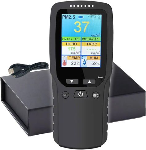 جهاز مراقبة جودة الهواء في الداخل، جهاز اختبار جودة الهواء للسفر المنزلي والعمل، جهاز مراقبة الرطوبة، كاشف الفورمالديهايد، محمول، شاشة LCD، مع بطارية قابلة لإعادة الشحن in Kuwait
