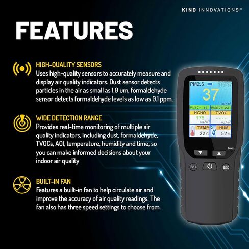 جهاز مراقبة جودة الهواء في الداخل، جهاز اختبار جودة الهواء للسفر المنزلي والعمل، جهاز مراقبة الرطوبة، كاشف الفورمالديهايد، محمول، شاشة LCD، مع بطارية قابلة لإعادة الشحن in Kuwait