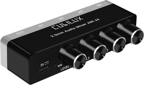 خلاط صوت Cubilux 4 قنوات 3.5 مم، خلاط صوت صغير منخفض الضوضاء للغاية للخلط الفرعي، محول صوت 1/8 بوصة 4 قنوات DC 5V، مناسب لنظام الصوت الذكي، الجيتارات، الجهير، لوحات المفاتيح in Kuwait