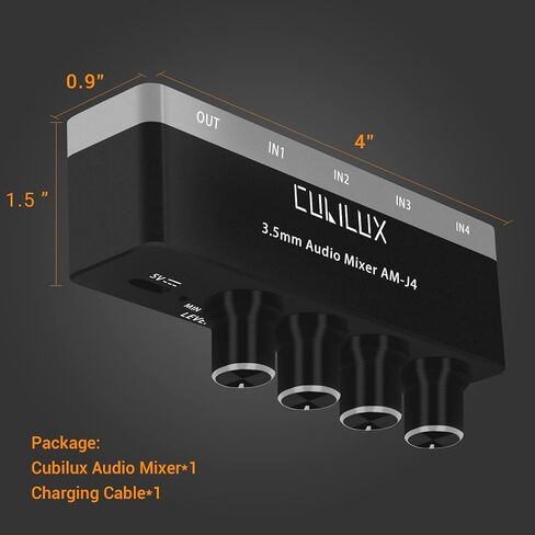 خلاط صوت Cubilux 4 قنوات 3.5 مم، خلاط صوت صغير منخفض الضوضاء للغاية للخلط الفرعي، محول صوت 1/8 بوصة 4 قنوات DC 5V، مناسب لنظام الصوت الذكي، الجيتارات، الجهير، لوحات المفاتيح in Kuwait