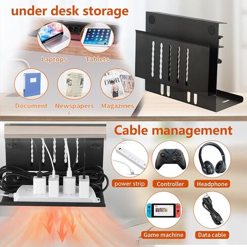 MILEGI Under Desk Cable Management Tray, 2 in 1 Desk Side Storage No Drill, Under Desk Laptop Holder, Steel Cable Tray Desk Wire Management, Hanging Desk Cord Organizer for Office Home (Black) in Saudi Arabia