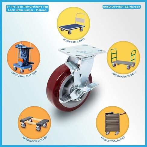 عجلات ICON Caster مقاس 6 بوصة × 2 بوصة، عجلات صناعية شديدة التحمل، لوحة علوية 4 بوصة × 4.5 بوصة، كستنائي، دوارة مع فرامل قفل علوية، عجلة بولي يوريثين Pro-Tech بدون علامات، سعة تحميل 900 رطل. لكل عجلة in Kuwait