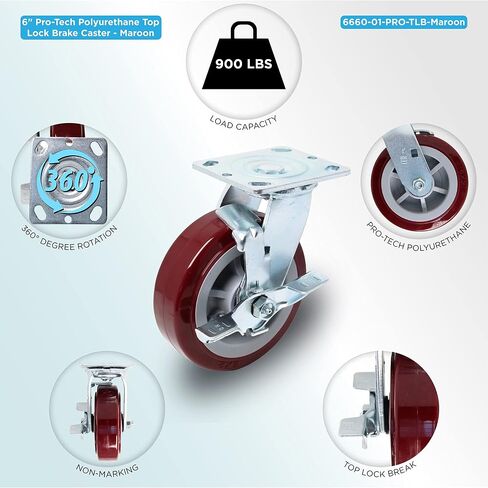 عجلات ICON Caster مقاس 6 بوصة × 2 بوصة، عجلات صناعية شديدة التحمل، لوحة علوية 4 بوصة × 4.5 بوصة، كستنائي، دوارة مع فرامل قفل علوية، عجلة بولي يوريثين Pro-Tech بدون علامات، سعة تحميل 900 رطل. لكل عجلة in Kuwait