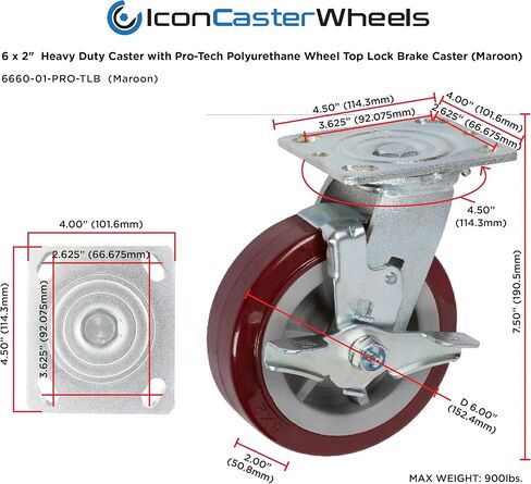 عجلات ICON Caster مقاس 6 بوصة × 2 بوصة، عجلات صناعية شديدة التحمل، لوحة علوية 4 بوصة × 4.5 بوصة، كستنائي، دوارة مع فرامل قفل علوية، عجلة بولي يوريثين Pro-Tech بدون علامات، سعة تحميل 900 رطل. لكل عجلة in Kuwait