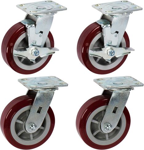عجلات ICON Caster مقاس 6 بوصة × 2 بوصة، عجلات صناعية شديدة التحمل، لوحة علوية 4 بوصة × 4.5 بوصة، كستنائي، دوارة مع فرامل قفل علوية، عجلة بولي يوريثين Pro-Tech بدون علامات، سعة تحميل 900 رطل. لكل عجلة in Kuwait