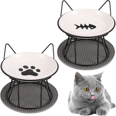 FRIUSATE 2PCS Ceramic Raised Cat Bowls, Elevated Cat Bowl with Stand Anti Vomiting Pet Feeding Dishes Non Slip Protect Pet's Spine Wide Bowls Whisker-Friendly Cat Dish for Cats Kitten Puppy in Kuwait