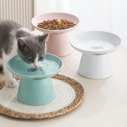 Rosemead Lane 6" Raised Cat Bowl Elevated Cat Bowl 8 Oz, Ceramic Raised and Tilted Pet Water Bowl (6“, Blue/Pink/White) in Saudi Arabia