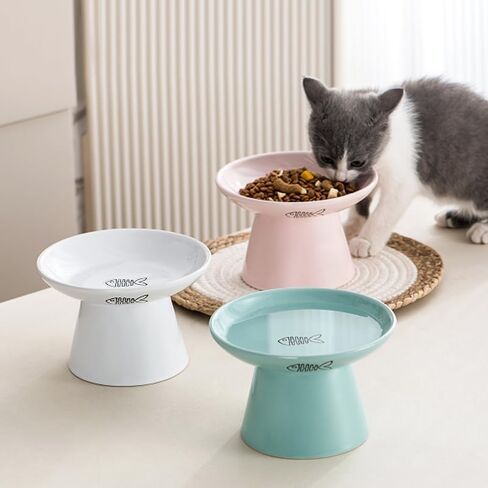 Rosemead Lane 6" Raised Cat Bowl Elevated Cat Bowl 8 Oz, Ceramic Raised and Tilted Pet Water Bowl (6“, Blue/Pink/White) in Saudi Arabia