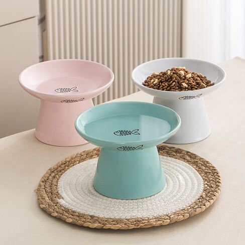 Rosemead Lane 6" Raised Cat Bowl Elevated Cat Bowl 8 Oz, Ceramic Raised and Tilted Pet Water Bowl (6“, Blue/Pink/White) in Saudi Arabia