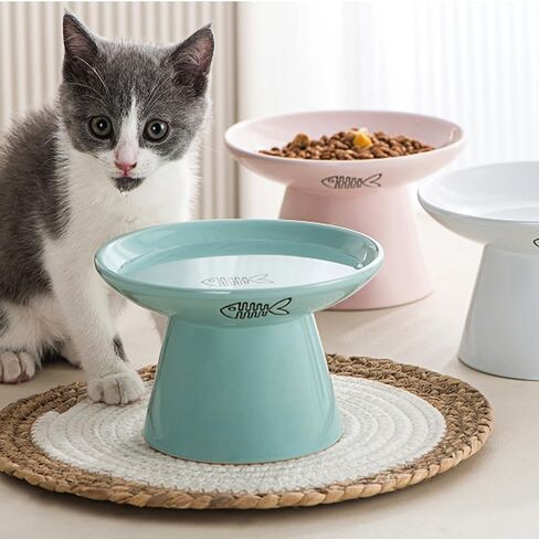 Rosemead Lane 6" Raised Cat Bowl Elevated Cat Bowl 8 Oz, Ceramic Raised and Tilted Pet Water Bowl (6“, Blue/Pink/White) in Saudi Arabia