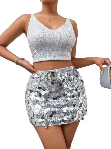SHENHE Women's Sparkly Sequin High Waist Party Club Mini Bodycon Rave Skirt in Kuwait