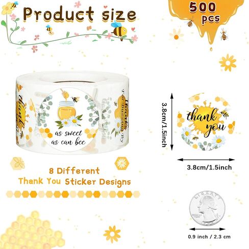 500 Pieces 1.5 Inch Bee Thank You Labels Baby Shower Bumble Stickers for Jars Bottle Gift Box Birthday Baby Shower Party Favor Label Stickers 8 Design in Saudi Arabia