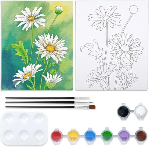 VOCHIC Paint and Sip Kit, Daisy Pre Drawn Canvas Painting Kit for Adults Kid Painting Twist Party Supplies for Beginner Gift Favor, 8 Acrylic Colors, 3 Brushes,1 Pallet,1 Image Art Craft Set(8x10) in Saudi Arabia