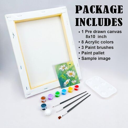 VOCHIC Paint and Sip Kit, Daisy Pre Drawn Canvas Painting Kit for Adults Kid Painting Twist Party Supplies for Beginner Gift Favor, 8 Acrylic Colors, 3 Brushes,1 Pallet,1 Image Art Craft Set(8x10) in Saudi Arabia