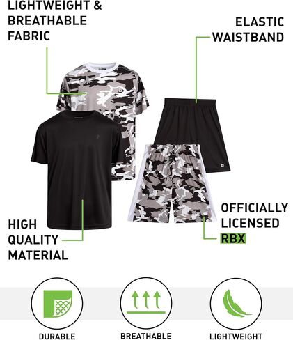 RBX Boys' Active Shorts Set - 4 Piece Dry FIt T-Shirt and Performance Mesh Gym Shorts - Athletic Outfit Set for Boys (8-20) in Saudi Arabia