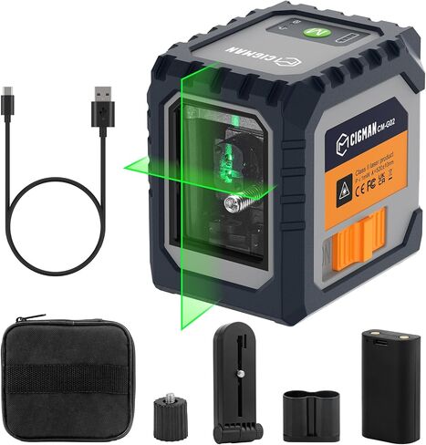 Laser Level Rechargeable, CIGMAN G02 Green Self-Leveling Cross Line Laser Level with Horizontal and Vertical Lines, 100 Ft Visibility, Rotatable 360°, Charging Cable Included in Saudi Arabia