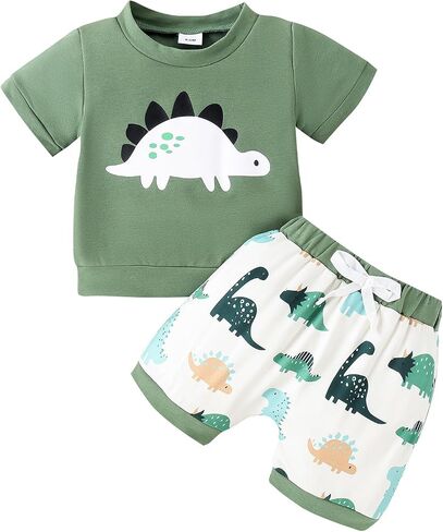 Eaerobc Toddler Baby Boy Girl Spring Summer Outfit Dinosaur Short Sleeve Shirt Pull-on Shorts 2Pcs Clothes Sets in Saudi Arabia