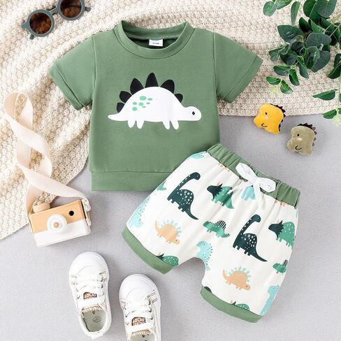 Eaerobc Toddler Baby Boy Girl Spring Summer Outfit Dinosaur Short Sleeve Shirt Pull-on Shorts 2Pcs Clothes Sets in Saudi Arabia