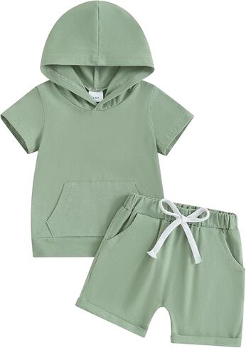 Baby Boys Summer Plain Outfits Short Sleeve Hooded Sweatshirt Shorts Set Toddler Boy Casual Clothes Set in Kuwait