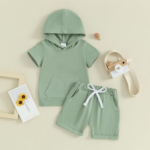 Baby Boys Summer Plain Outfits Short Sleeve Hooded Sweatshirt Shorts Set Toddler Boy Casual Clothes Set in Kuwait