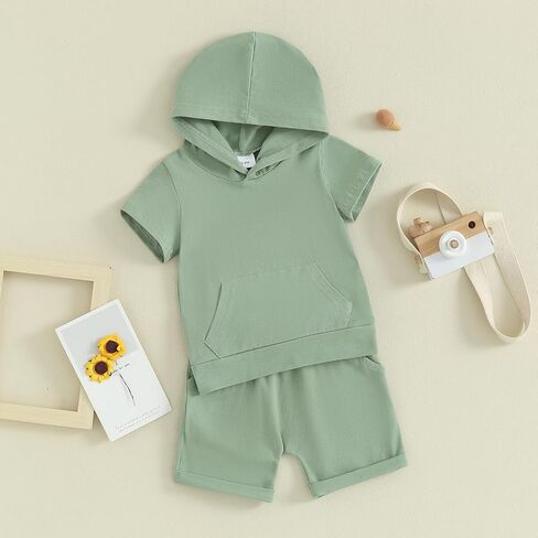 Baby Boys Summer Plain Outfits Short Sleeve Hooded Sweatshirt Shorts Set Toddler Boy Casual Clothes Set in Kuwait