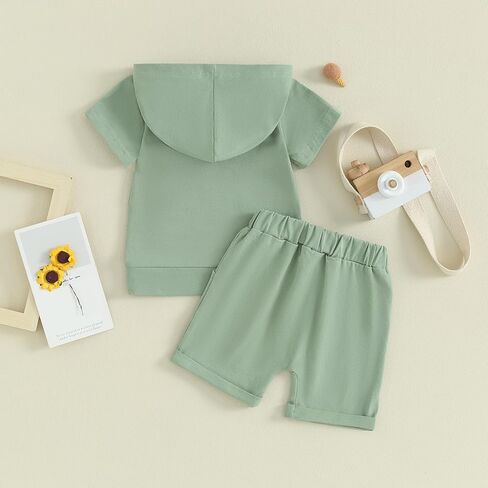 Baby Boys Summer Plain Outfits Short Sleeve Hooded Sweatshirt Shorts Set Toddler Boy Casual Clothes Set in Kuwait