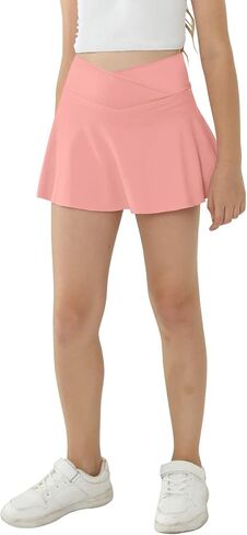 Girl's Sport Skirts with Pockets Shorts Cross High Waist Tennis Golf Skort Solid Color Athletic Workout Skirt in Kuwait