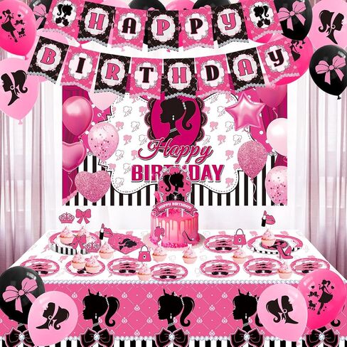 Pink Birthday Party Supplies Including Happy Birthday Banner, Cake And Cupcakes, Tablecloths,Plates, Napkins,Forks ,Spoons, Birthday Party Backdrop in Saudi Arabia