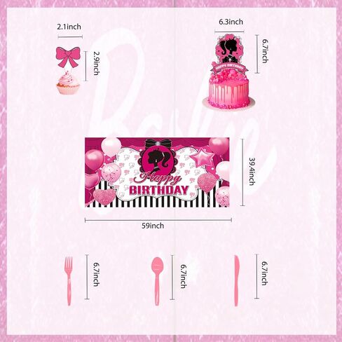 Pink Birthday Party Supplies Including Happy Birthday Banner, Cake And Cupcakes, Tablecloths,Plates, Napkins,Forks ,Spoons, Birthday Party Backdrop in Saudi Arabia