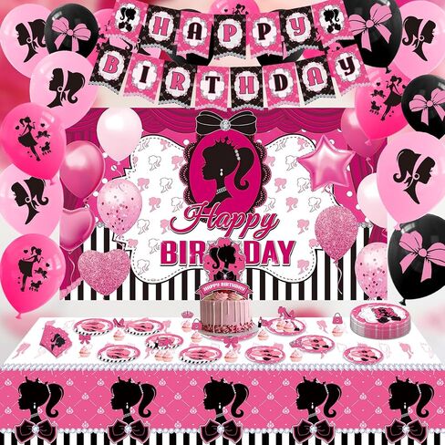 Pink Birthday Party Supplies Including Happy Birthday Banner, Cake And Cupcakes, Tablecloths,Plates, Napkins,Forks ,Spoons, Birthday Party Backdrop in Saudi Arabia