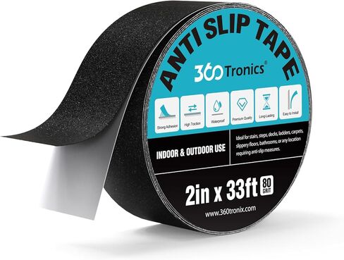 شريط قبضة مضاد للانزلاق 360 ترونيكس، شريط مقبض مانع للانزلاق للسلالم الخارجية وجر الخطوات، 80 حبيبة مقاومة للماء وغير قابلة للانزلاق لمنحدر خطوات الدرج، أسود (2 بوصة × 33 قدم) in Kuwait