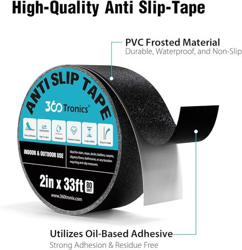 شريط قبضة مضاد للانزلاق 360 ترونيكس، شريط مقبض مانع للانزلاق للسلالم الخارجية وجر الخطوات، 80 حبيبة مقاومة للماء وغير قابلة للانزلاق لمنحدر خطوات الدرج، أسود (2 بوصة × 33 قدم) in Kuwait