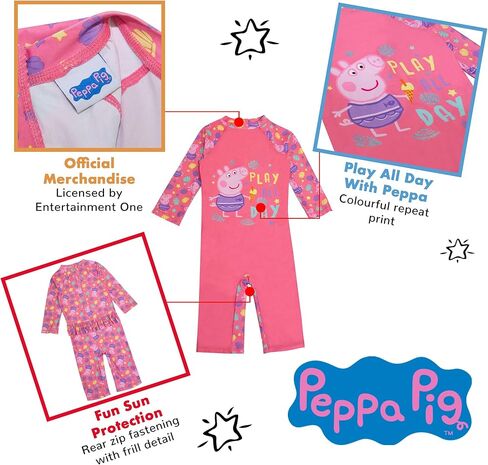 بدلة سباحة Peppa Pig Play All Day Sunsafe، للفتيات، 2-6 سنوات، وردي، بضائع رسمية in Kuwait
