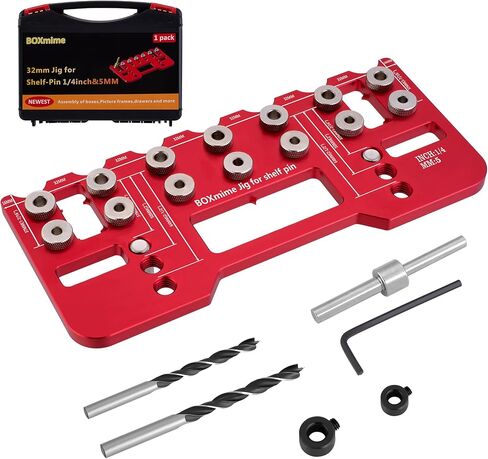 BOXmime Shelf-Pin Jig لـ 1/4 بوصة، 5 مم، 6 مم دبابيس الرف - دليل حفر فتحات دبوس الرف من سبائك الألومنيوم، قالب حفر أجهزة الخزانة 32 مم للنجارة، تحسين المنزل وأداة النجارة DIY in Kuwait
