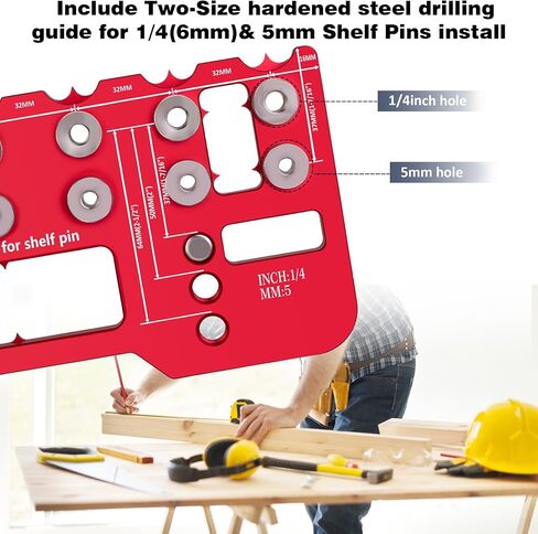 BOXmime Shelf-Pin Jig لـ 1/4 بوصة، 5 مم، 6 مم دبابيس الرف - دليل حفر فتحات دبوس الرف من سبائك الألومنيوم، قالب حفر أجهزة الخزانة 32 مم للنجارة، تحسين المنزل وأداة النجارة DIY in Kuwait