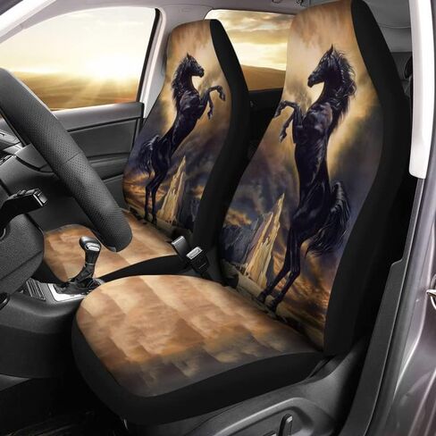Bulopur Mountain Black Horse Print النساء والرجال أغطية مقاعد السيارة إكسسوارات داخلية للمقعد مجموعة كاملة من 2، واقي المقعد الأمامي التلقائي وسادات المقعد الأمامي للسائق العالمي المزخرفة in Kuwait