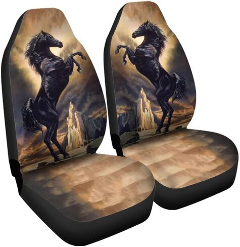Bulopur Mountain Black Horse Print النساء والرجال أغطية مقاعد السيارة إكسسوارات داخلية للمقعد مجموعة كاملة من 2، واقي المقعد الأمامي التلقائي وسادات المقعد الأمامي للسائق العالمي المزخرفة in Kuwait