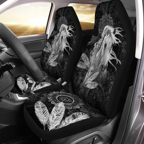 Bulopur Mountain Black Horse Print النساء والرجال أغطية مقاعد السيارة إكسسوارات داخلية للمقعد مجموعة كاملة من 2، واقي المقعد الأمامي التلقائي وسادات المقعد الأمامي للسائق العالمي المزخرفة in Kuwait