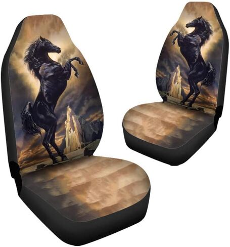 Bulopur Mountain Black Horse Print النساء والرجال أغطية مقاعد السيارة إكسسوارات داخلية للمقعد مجموعة كاملة من 2، واقي المقعد الأمامي التلقائي وسادات المقعد الأمامي للسائق العالمي المزخرفة in Kuwait