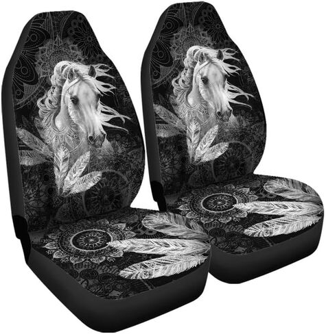 Bulopur Mountain Black Horse Print النساء والرجال أغطية مقاعد السيارة إكسسوارات داخلية للمقعد مجموعة كاملة من 2، واقي المقعد الأمامي التلقائي وسادات المقعد الأمامي للسائق العالمي المزخرفة in Kuwait