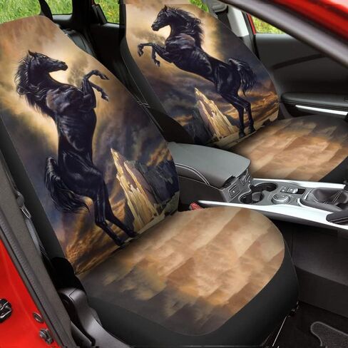 Bulopur Mountain Black Horse Print النساء والرجال أغطية مقاعد السيارة إكسسوارات داخلية للمقعد مجموعة كاملة من 2، واقي المقعد الأمامي التلقائي وسادات المقعد الأمامي للسائق العالمي المزخرفة in Kuwait