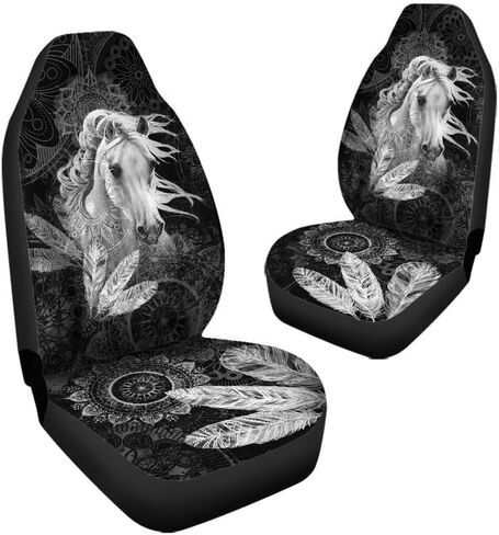 Bulopur Mountain Black Horse Print النساء والرجال أغطية مقاعد السيارة إكسسوارات داخلية للمقعد مجموعة كاملة من 2، واقي المقعد الأمامي التلقائي وسادات المقعد الأمامي للسائق العالمي المزخرفة in Kuwait