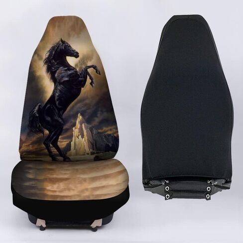 Bulopur Mountain Black Horse Print النساء والرجال أغطية مقاعد السيارة إكسسوارات داخلية للمقعد مجموعة كاملة من 2، واقي المقعد الأمامي التلقائي وسادات المقعد الأمامي للسائق العالمي المزخرفة in Kuwait
