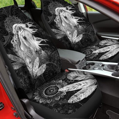 Bulopur Mountain Black Horse Print النساء والرجال أغطية مقاعد السيارة إكسسوارات داخلية للمقعد مجموعة كاملة من 2، واقي المقعد الأمامي التلقائي وسادات المقعد الأمامي للسائق العالمي المزخرفة in Kuwait